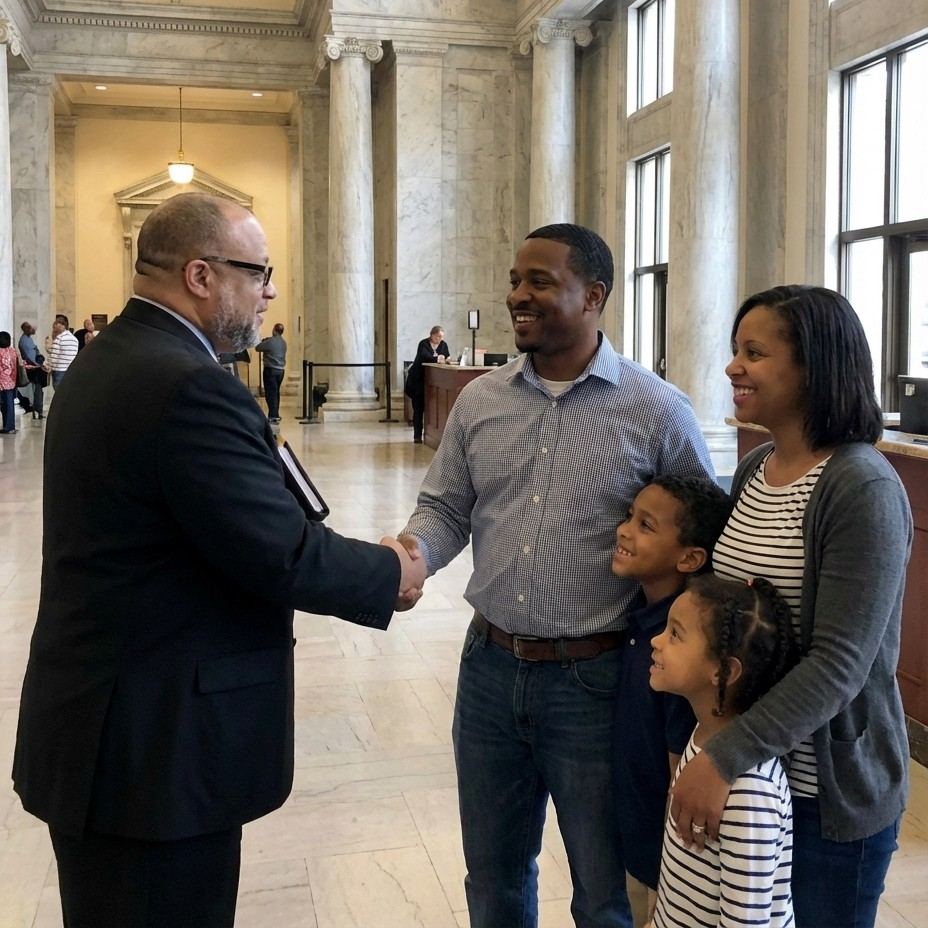 Attorney Sean Riley with satisfied client and family at the courthouse